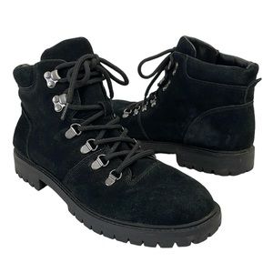 Marc Fisher Hopelyn women’s Size 10M black suede leather lace up lug sole boots.
